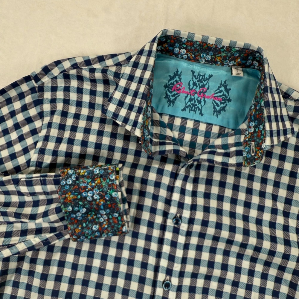 Robert Graham Large Slim Fit Gingham Button Down Shirt Blue White Floral READ